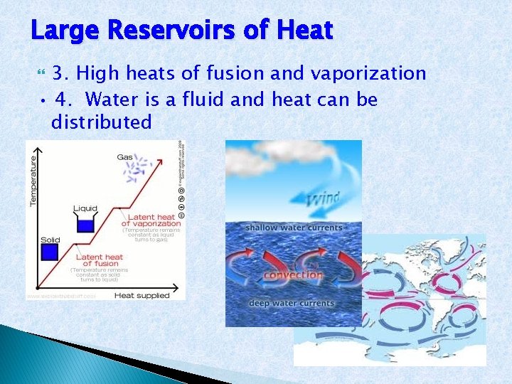 Large Reservoirs of Heat 3. High heats of fusion and vaporization • 4. Water