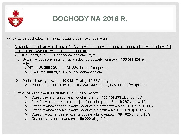 DOCHODY NA 2016 R. W strukturze dochodów największy udział procentowy posiadają: I. Dochody od DOCHODY NA 2016 R. W strukturze dochodów największy udział procentowy posiadają: I. Dochody od