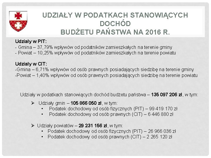 UDZIAŁY W PODATKACH STANOWIĄCYCH DOCHÓD BUDŻETU PAŃSTWA NA 2016 R. Udziały w PIT: - UDZIAŁY W PODATKACH STANOWIĄCYCH DOCHÓD BUDŻETU PAŃSTWA NA 2016 R. Udziały w PIT: -