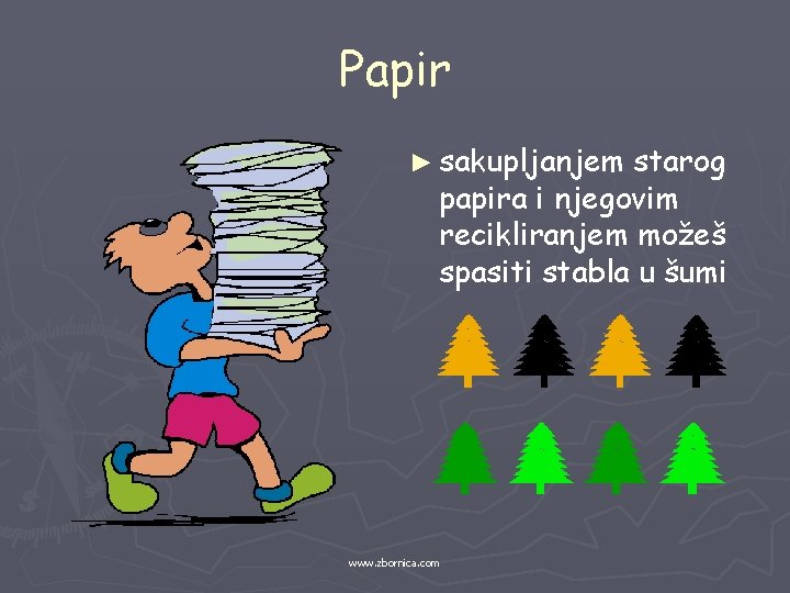 Papir ► sakupljanjem starog papira i njegovim recikliranjem možeš spasiti stabla u šumi www.