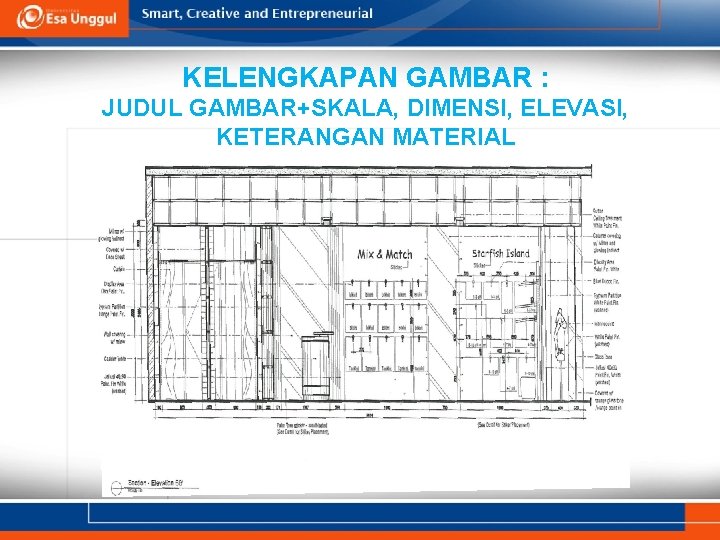 KELENGKAPAN GAMBAR : JUDUL GAMBAR+SKALA, DIMENSI, ELEVASI, KETERANGAN MATERIAL 