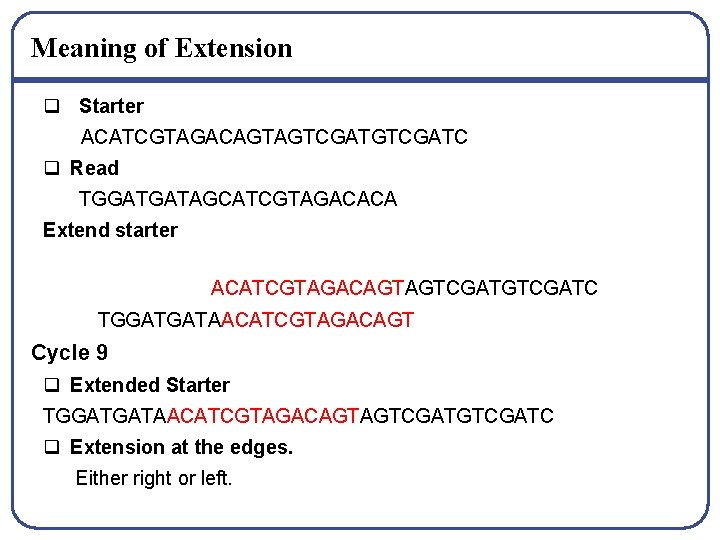 Meaning of Extension q Starter ACATCGTAGACAGTAGTCGATC q Read TGGATGATAGCATCGTAGACACA Extend starter ACATCGTAGACAGTAGTCGATGTCGATC ACATCGTAGACAGTAGTCGATC TGGATGATAACATCGTAGACAGT
