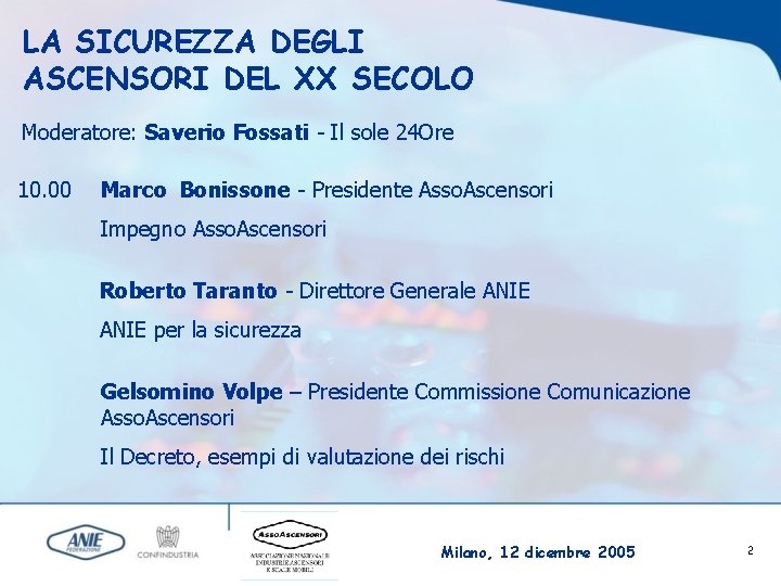 LA SICUREZZA DEGLI ASCENSORI DEL XX SECOLO Moderatore: Saverio Fossati - Il sole 24