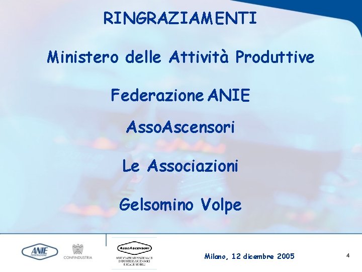 RINGRAZIAMENTI Ministero delle Attività Produttive Federazione ANIE Asso. Ascensori Le Associazioni Gelsomino Volpe Milano,