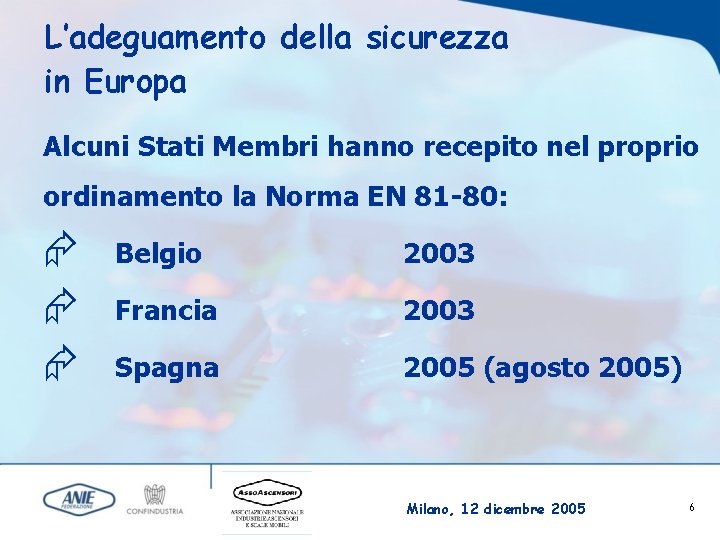 L’adeguamento della sicurezza in Europa Alcuni Stati Membri hanno recepito nel proprio ordinamento la