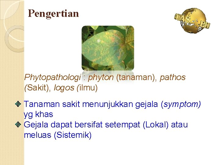 Pengertian Phytopathologi : phyton (tanaman), pathos (Sakit), logos (ilmu) Tanaman sakit menunjukkan gejala (symptom)