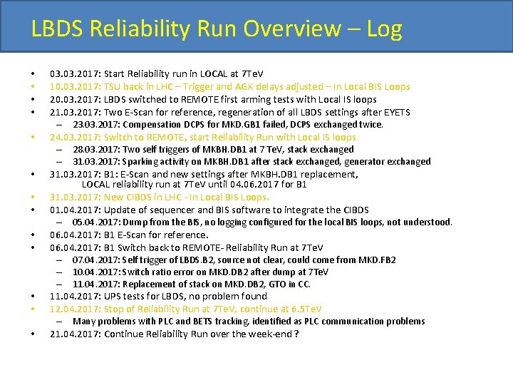 LBDS Reliability Run Overview – Log • • • • 03. 2017: Start Reliability