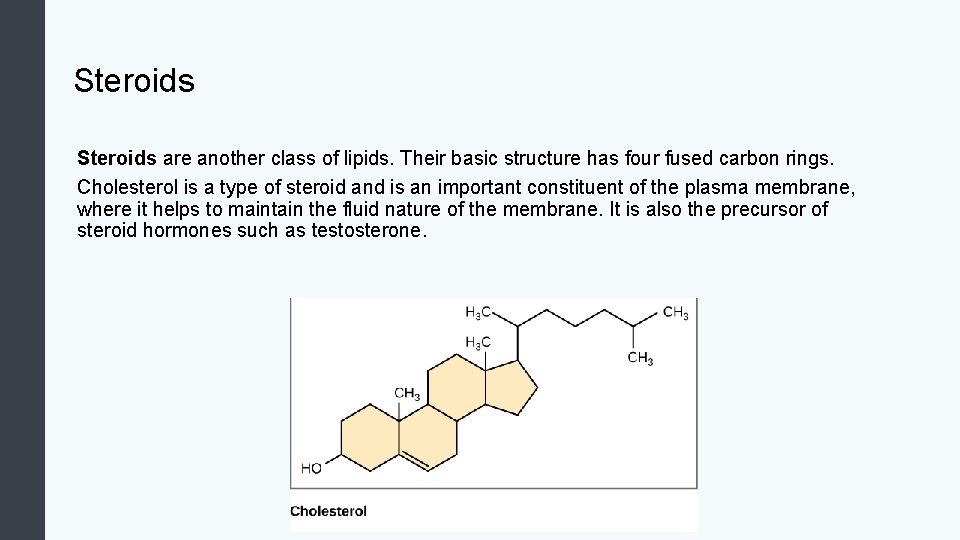 Steroids are another class of lipids. Their basic structure has four fused carbon rings.