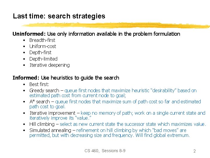 Last time: search strategies Uninformed: Use only information available in the problem formulation •
