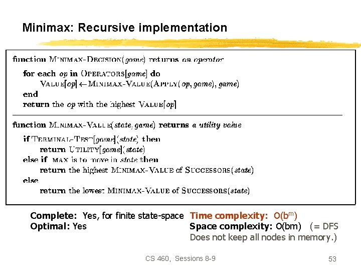 Minimax: Recursive implementation Complete: Yes, for finite state-space Time complexity: O(bm) Optimal: Yes Space