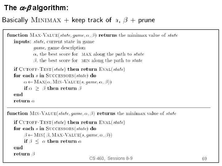 The - algorithm: CS 460, Sessions 8 -9 69 