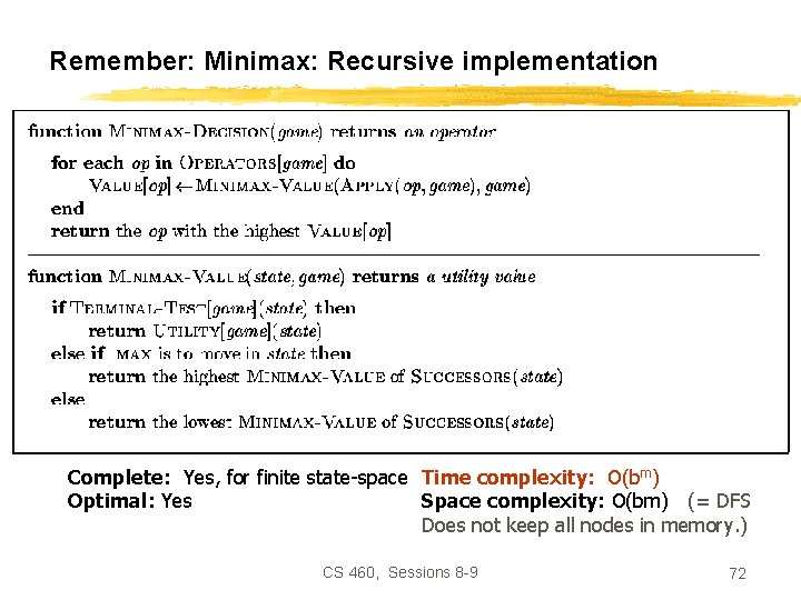 Remember: Minimax: Recursive implementation Complete: Yes, for finite state-space Time complexity: O(bm) Optimal: Yes