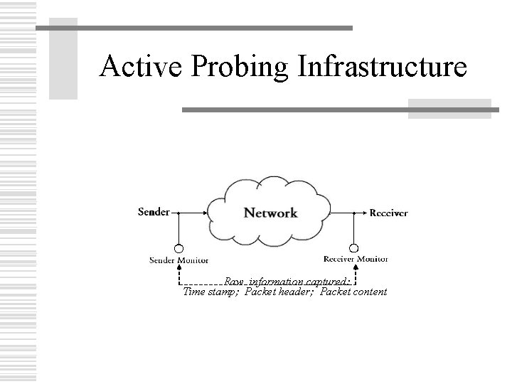 Active Probing Infrastructure Raw information captured: Time stamp; Packet header; Packet content 