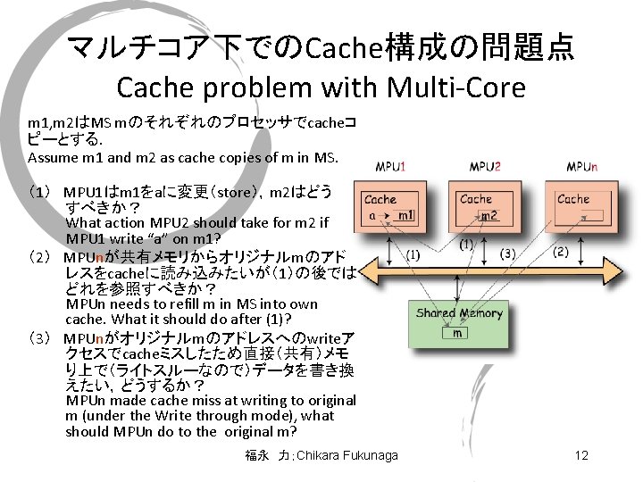 マルチコア下でのCache構成の問題点 Cache problem with Multi-Core m 1, m 2はMS mのそれぞれのプロセッサでcacheコ ピーとする． Assume m 1