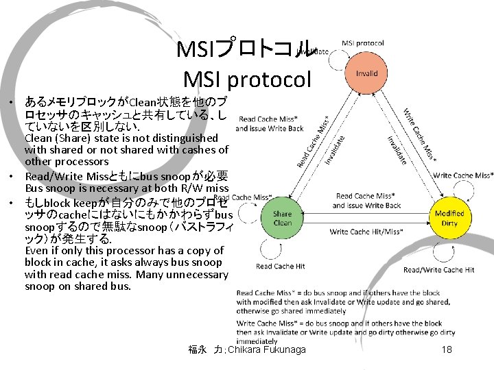 MSIプロトコル MSI protocol • あるメモリブロックがClean状態を他のプ ロセッサのキャッシュと共有している、し ていないを区別しない． Clean (Share) state is not distinguished with