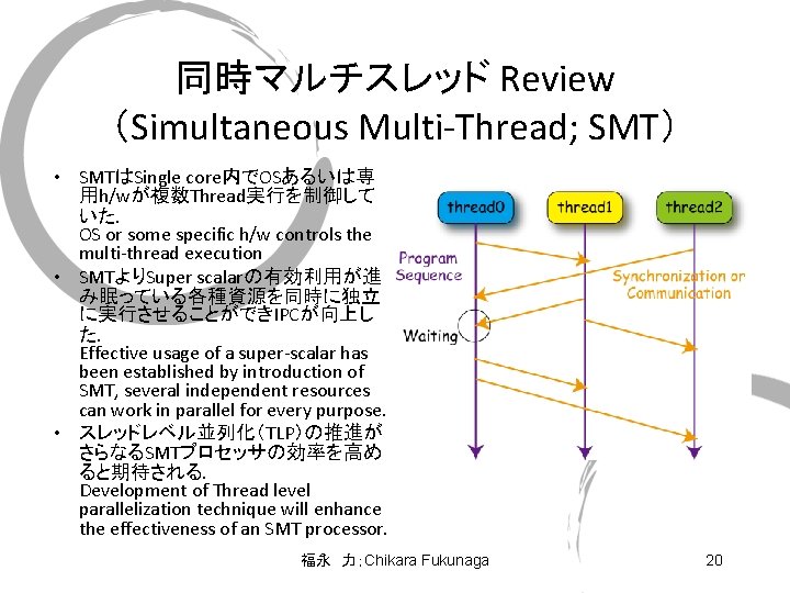 同時マルチスレッド Review （Simultaneous Multi-Thread; SMT） • SMTはSingle core内でOSあるいは専 用h/wが複数Thread実行を制御して いた． OS or some specific
