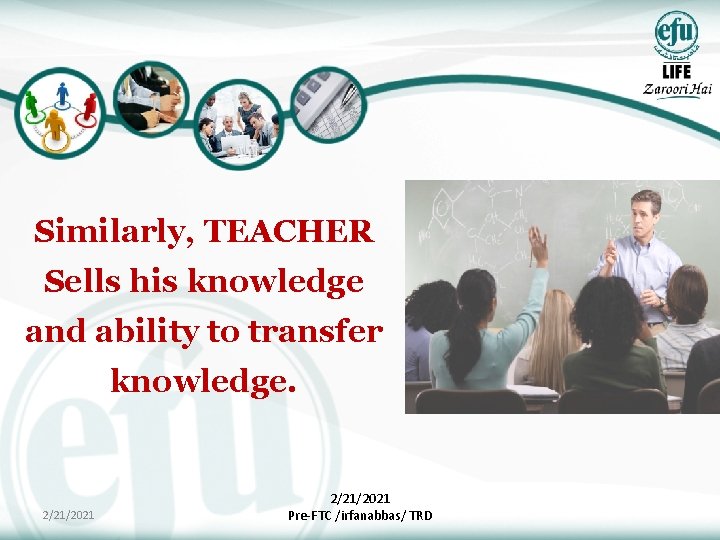 Similarly, TEACHER Sells his knowledge and ability to transfer knowledge. 2/21/2021 Pre-FTC /irfanabbas/ TRD
