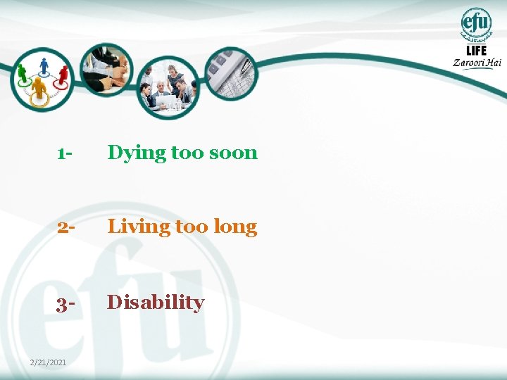 1 - Dying too soon 2 - Living too long 3 - Disability 2/21/2021