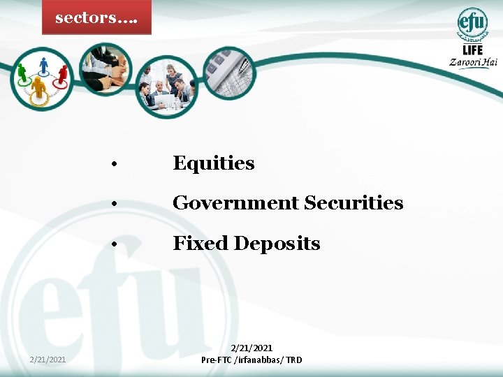 sectors…. 2/21/2021 • Equities • Government Securities • Fixed Deposits 2/21/2021 Pre-FTC /irfanabbas/ TRD