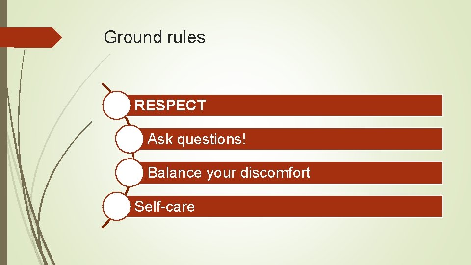 Ground rules RESPECT Ask questions! Balance your discomfort Self-care 