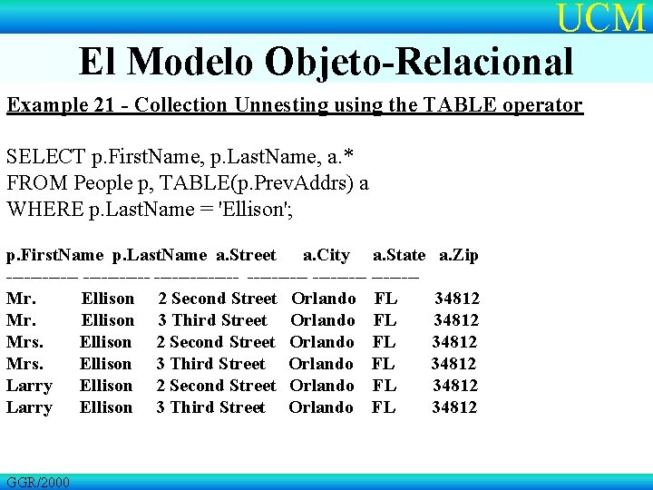UCM El Modelo Objeto-Relacional Example 21 - Collection Unnesting using the TABLE operator SELECT