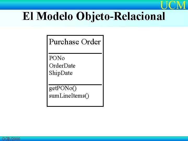 UCM El Modelo Objeto-Relacional Purchase Order PONo Order. Date Ship. Date get. PONo() sum.