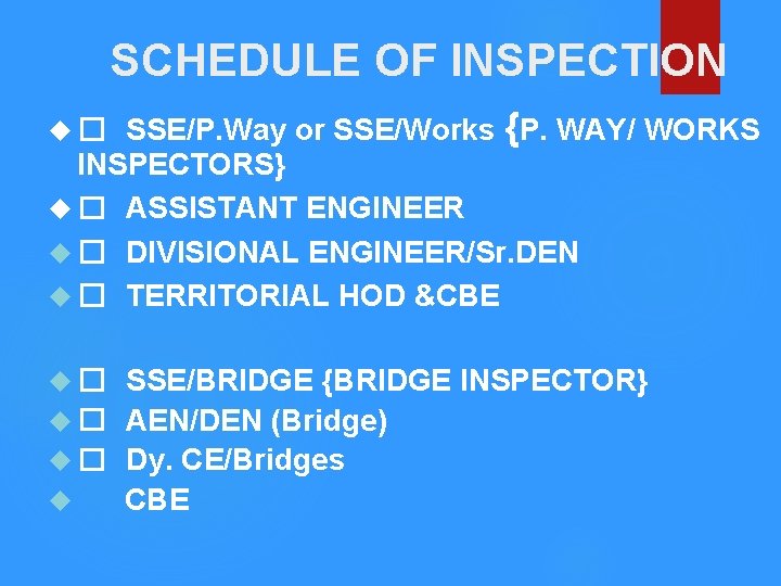 SCHEDULE OF INSPECTION SSE/P. Way or SSE/Works {P. WAY/ WORKS INSPECTORS} � ASSISTANT ENGINEER