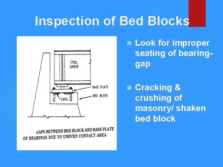 Inspection of Bed Blocks n Look for improper seating of bearinggap n Cracking &