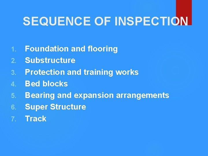 SEQUENCE OF INSPECTION 1. 2. 3. 4. 5. 6. 7. Foundation and flooring Substructure