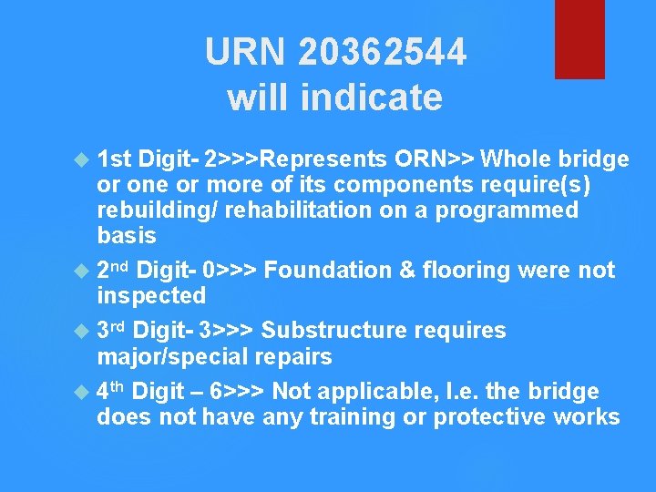 URN 20362544 will indicate 1 st Digit- 2>>>Represents ORN>> Whole bridge or one or