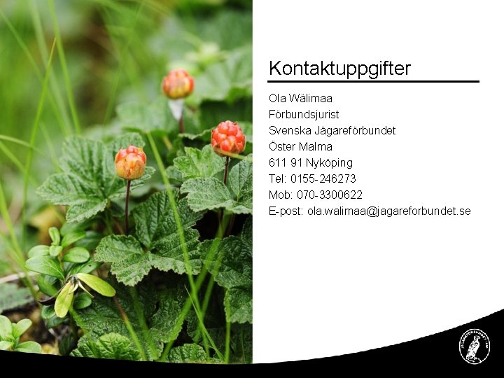 Kontaktuppgifter Ola Wälimaa Förbundsjurist Svenska Jägareförbundet Öster Malma 611 91 Nyköping Tel: 0155 -246273