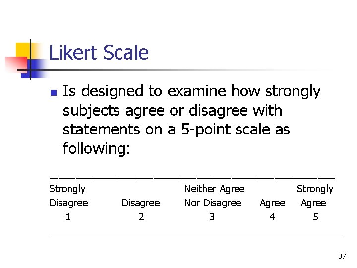 Likert Scale Is designed to examine how strongly subjects agree or disagree with statements