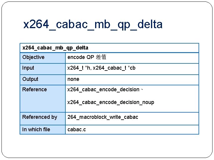 x 264_cabac_mb_qp_delta Objective encode QP 差值 Input x 264_t *h, x 264_cabac_t *cb Output