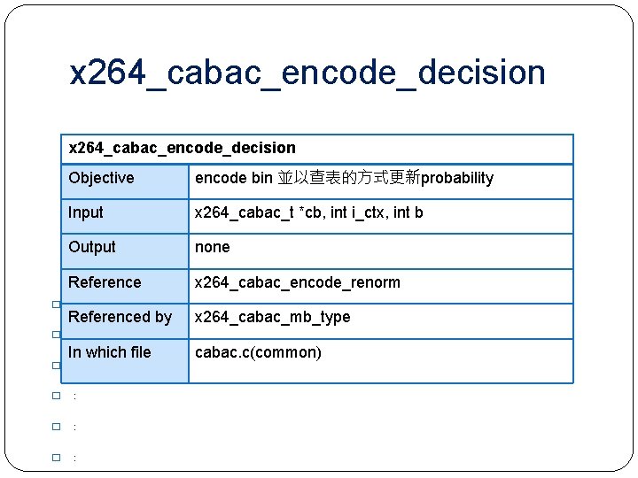 x 264_cabac_encode_decision � � Objective encode bin 並以查表的方式更新probability Input x 264_cabac_t *cb, int i_ctx,