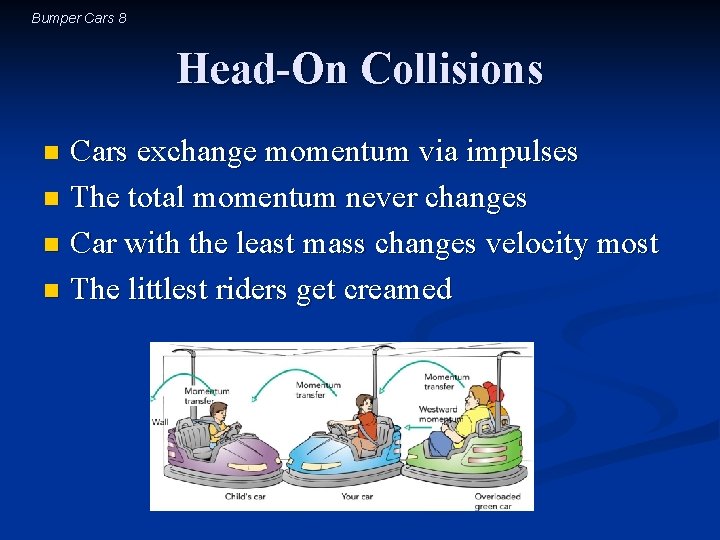 Bumper Cars 8 Head-On Collisions Cars exchange momentum via impulses n The total momentum