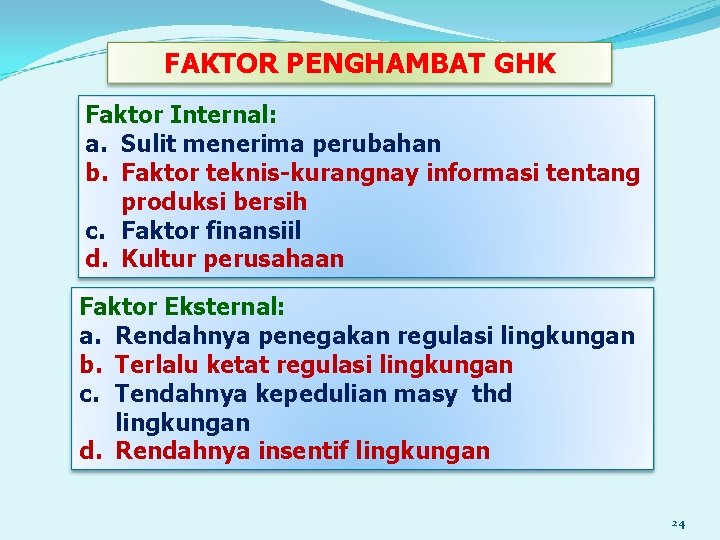 FAKTOR PENGHAMBAT GHK Faktor Internal: a. Sulit menerima perubahan b. Faktor teknis-kurangnay informasi tentang