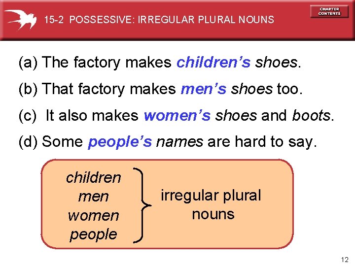 15 -2 POSSESSIVE: IRREGULAR PLURAL NOUNS (a) The factory makes children’s shoes. (b) That