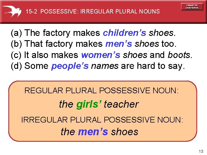 15 -2 POSSESSIVE: IRREGULAR PLURAL NOUNS (a) The factory makes children’s shoes. (b) That