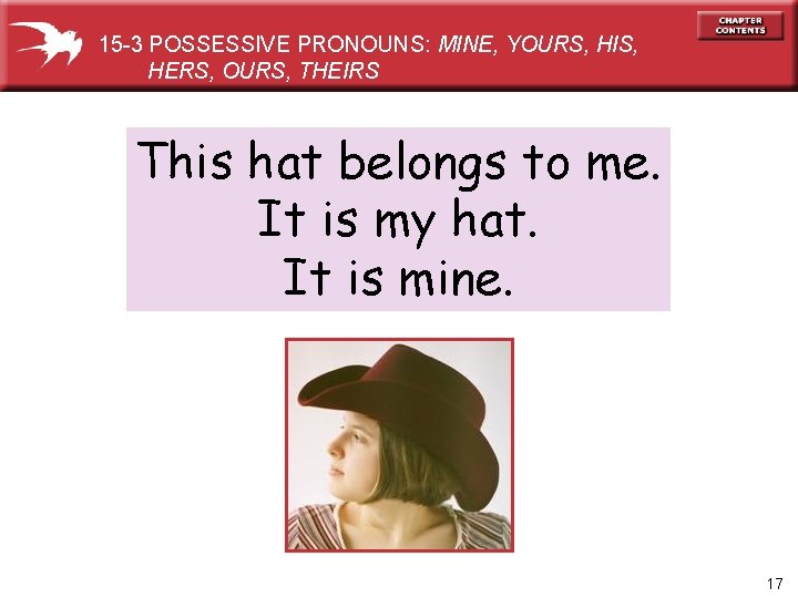 15 -3 POSSESSIVE PRONOUNS: MINE, YOURS, HIS, HERS, OURS, THEIRS This hat belongs to