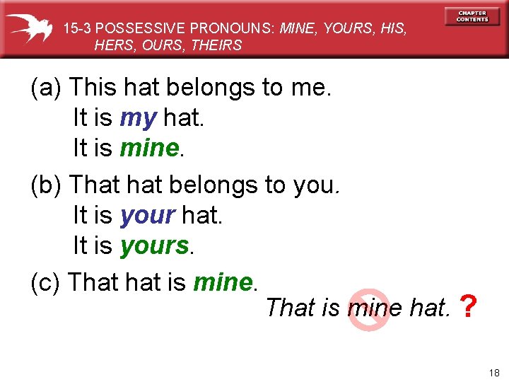 15 -3 POSSESSIVE PRONOUNS: MINE, YOURS, HIS, HERS, OURS, THEIRS (a) This hat belongs