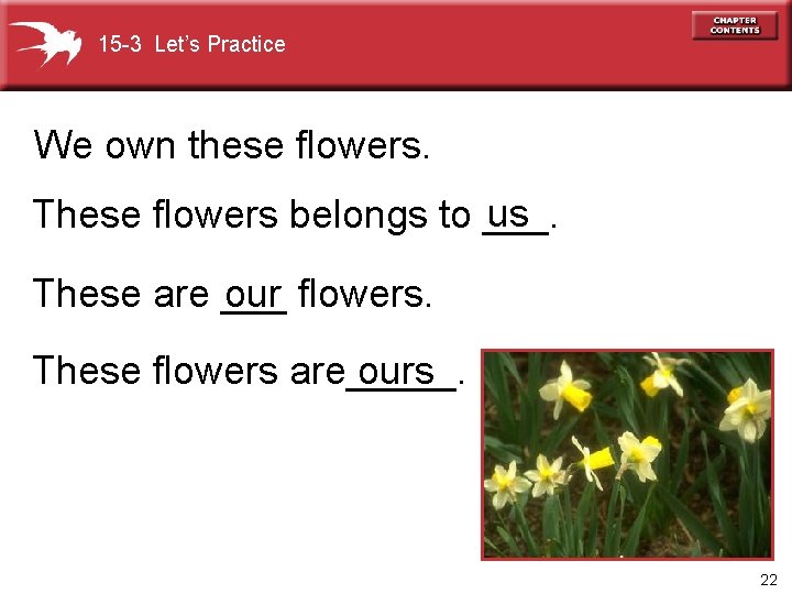 15 -3 Let’s Practice We own these flowers. us These flowers belongs to ___.