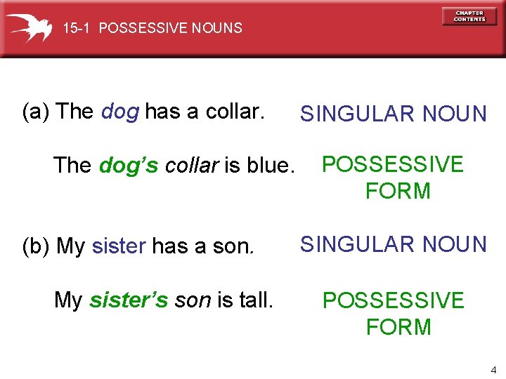 15 -1 POSSESSIVE NOUNS (a) The dog has a collar. The dog’s collar is