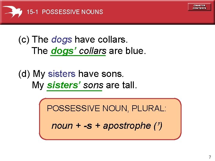 15 -1 POSSESSIVE NOUNS (c) The dogs have collars. The dogs’ collars are blue.