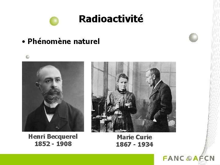Radioactivité • Phénomène naturel Henri Becquerel 1852 - 1908 Marie Curie 1867 - 1934