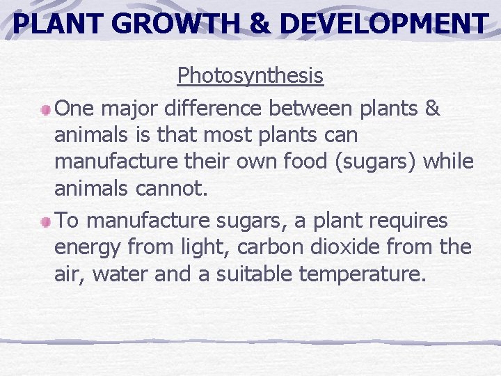PLANT GROWTH & DEVELOPMENT Photosynthesis One major difference between plants & animals is that PLANT GROWTH & DEVELOPMENT Photosynthesis One major difference between plants & animals is that