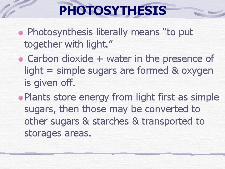 PHOTOSYTHESIS Photosynthesis literally means “to put together with light. ” Carbon dioxide + water PHOTOSYTHESIS Photosynthesis literally means “to put together with light. ” Carbon dioxide + water