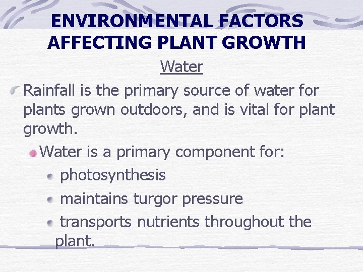 ENVIRONMENTAL FACTORS AFFECTING PLANT GROWTH Water Rainfall is the primary source of water for ENVIRONMENTAL FACTORS AFFECTING PLANT GROWTH Water Rainfall is the primary source of water for
