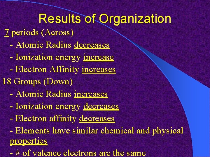 Results of Organization 7 periods (Across) - Atomic Radius decreases - Ionization energy increase