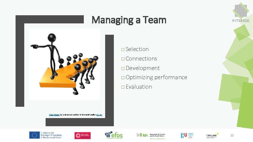 Managing a Team □ Selection □ Connections □ Development □ Optimizing performance □ Evaluation