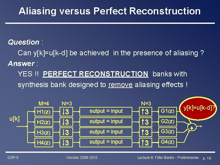 Aliasing versus Perfect Reconstruction Question : Can y[k]=u[k-d] be achieved in the presence of